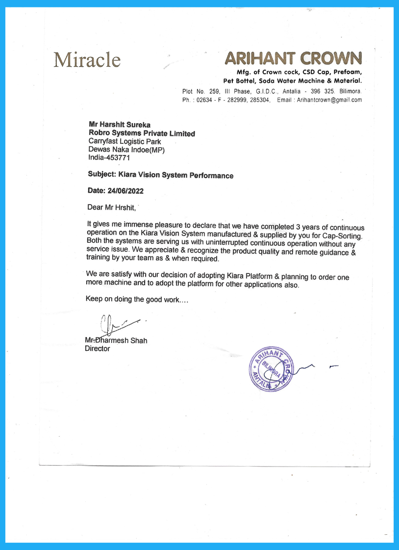 A letter of apreciation to Robro Systems, Machine Vision Systems provider, for the outstanding performance of kIara Vision Platform for inspection & counting of goods